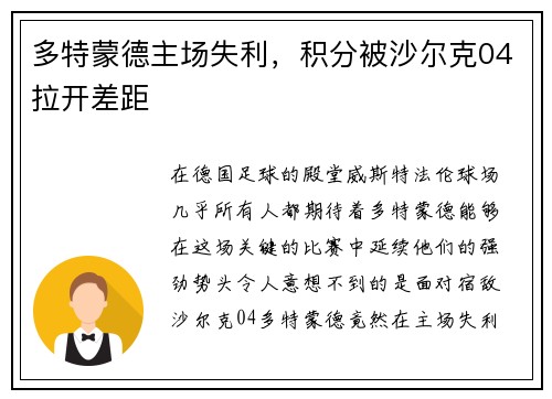 多特蒙德主场失利，积分被沙尔克04拉开差距