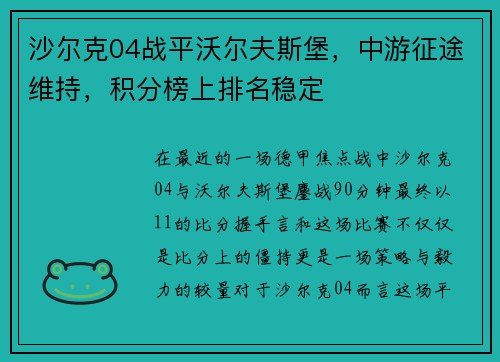 沙尔克04战平沃尔夫斯堡，中游征途维持，积分榜上排名稳定